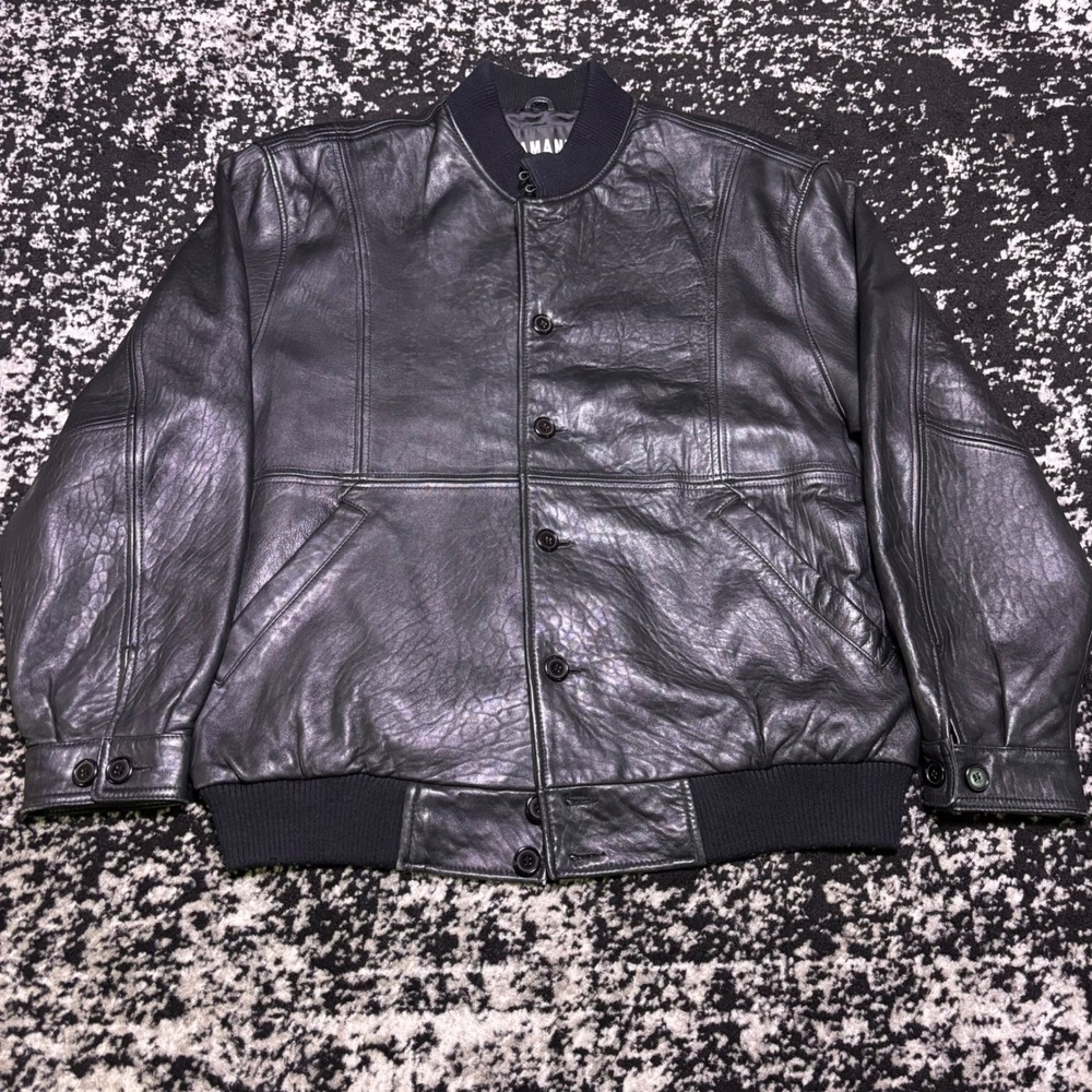 Vintage Lamant Black Genuine Leather Bomber Jacket Mens XL Button Front Varsity